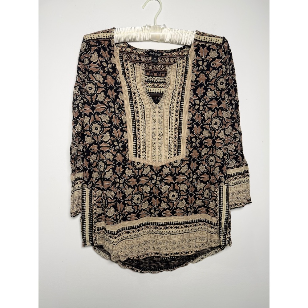 Lucky Brand Womens Floral Paisley Split Neck Tunic Top Black Tan 7W62990 Size M